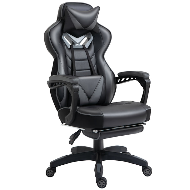 Black and grey faux leather racing gaming chair with headrest, lumbar pillow and extended footrest