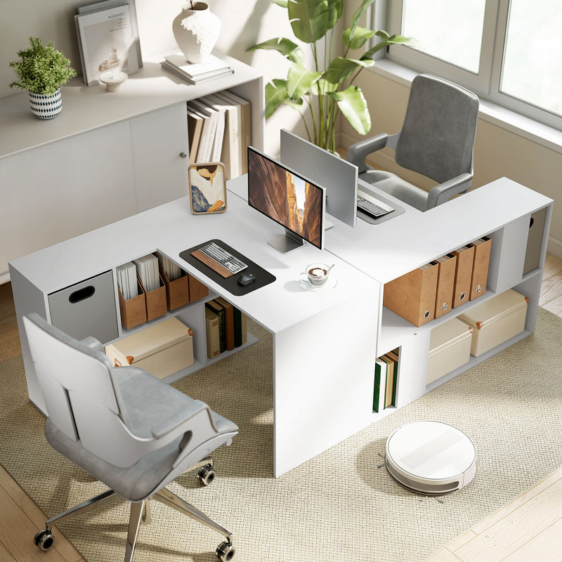 HOMCOM L Shaped Computer Desk, 110 x 100cm Corner Desk with Fabric Drawer and Storage Shelves, White – view 7