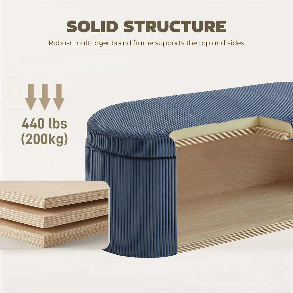 Storage Ottoman, Corduroy Upholstered Ottoman Storage Box with Padded Seat, 105 x 51 x 49 cm, Blue