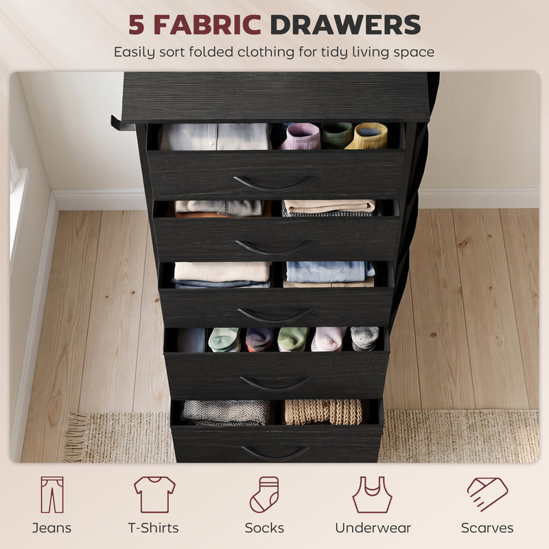 HOMCOM Chest of Drawers, Dresser with 5 Fabric Drawers, Tall Storage Unit with 4 Pockets and 2 Hooks, Steel Frame, Black – view 4