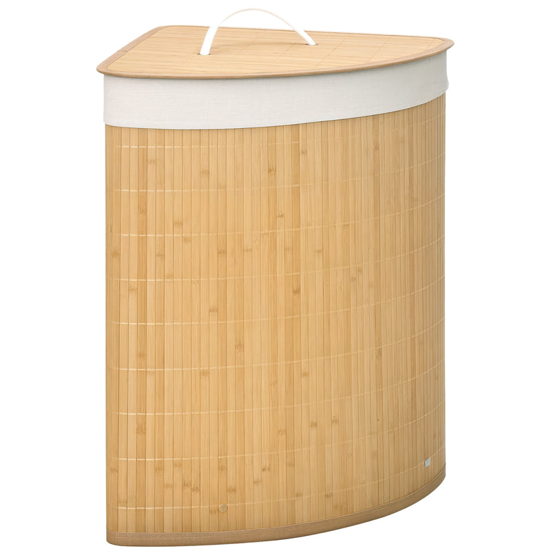Natural bamboo triangular corner laundry basket with lid