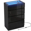 Black high gloss four-drawer chest with glass-top jewellery drawer and glowing RGB LED lights