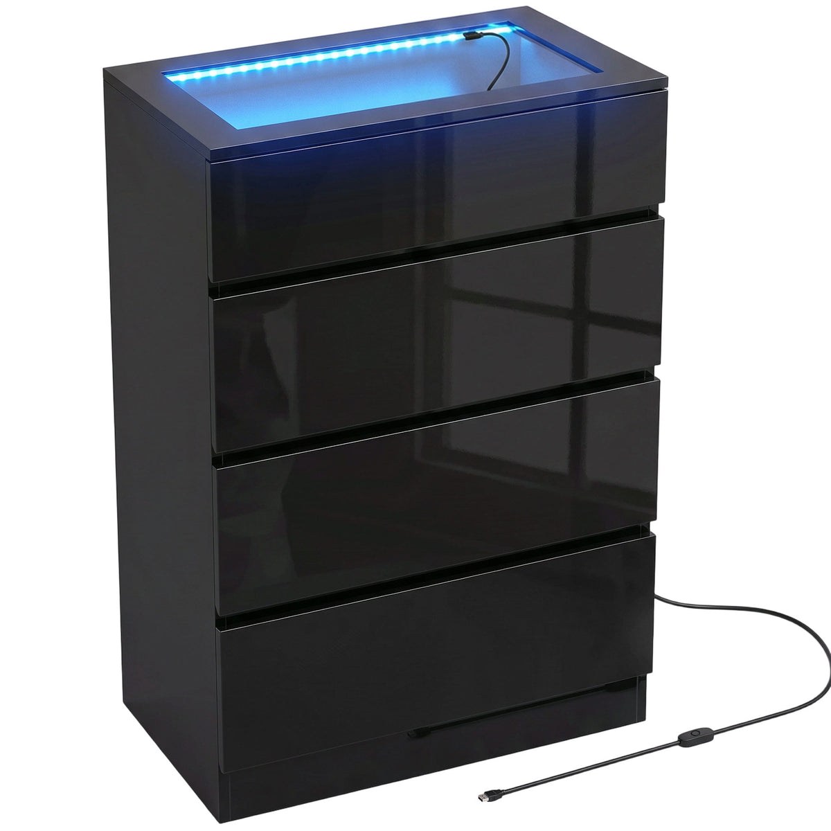 Black high gloss four-drawer chest with glass-top jewellery drawer and glowing RGB LED lights