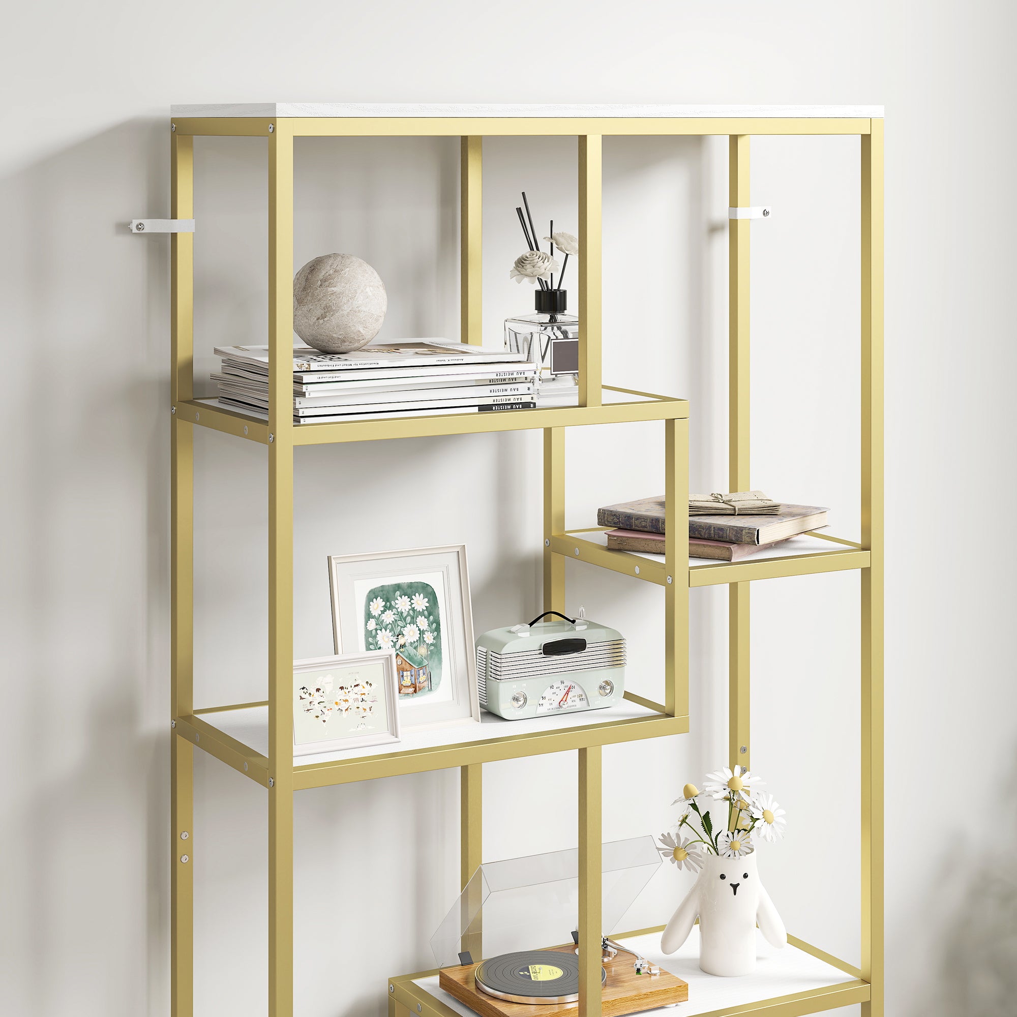 Seven-Tier Geometric Bookcase - White/Gold Tone