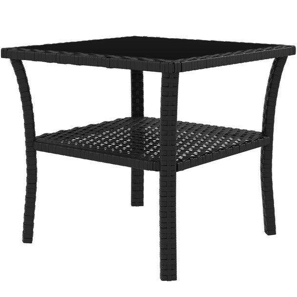 Black square two-tier rattan coffee table with tempered glass top