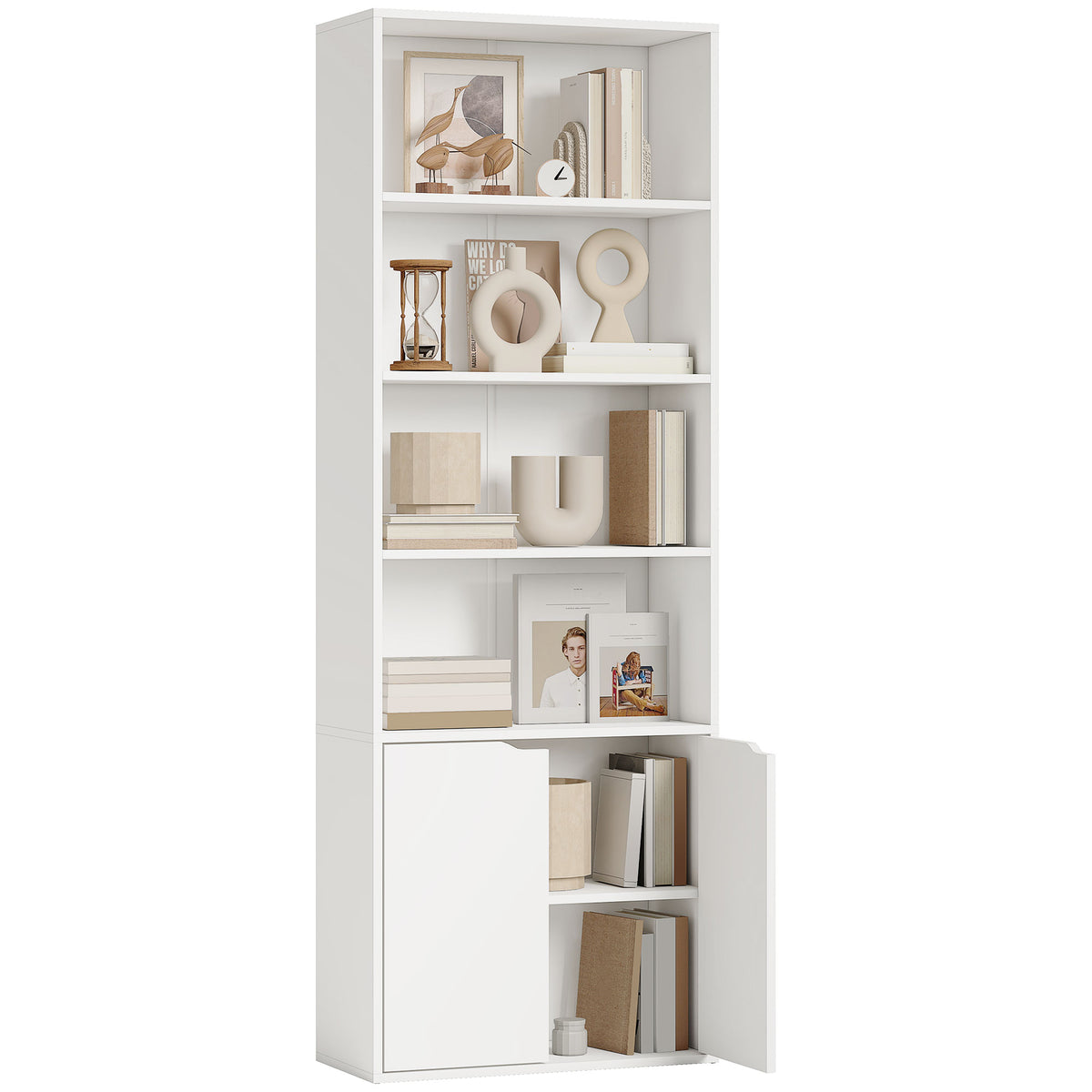 180 cm Tall Bookcase with Open Shelves & Cupboard – White