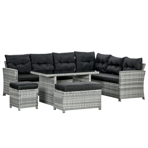 5-piece mixed grey rattan corner sofa set with two footstools and glass-top table