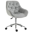 Grey button-tufted velvet-feel tub desk chair with curved arms on a chrome five-wheel swivel base