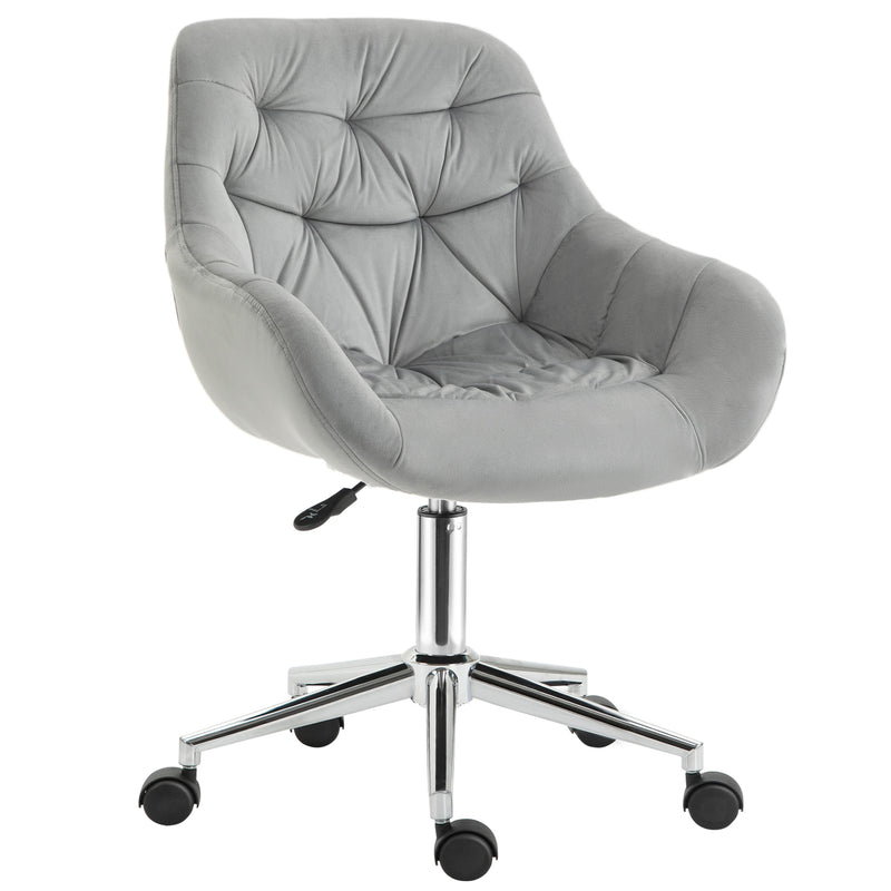 Grey button-tufted velvet-feel tub desk chair with curved arms on a chrome five-wheel swivel base