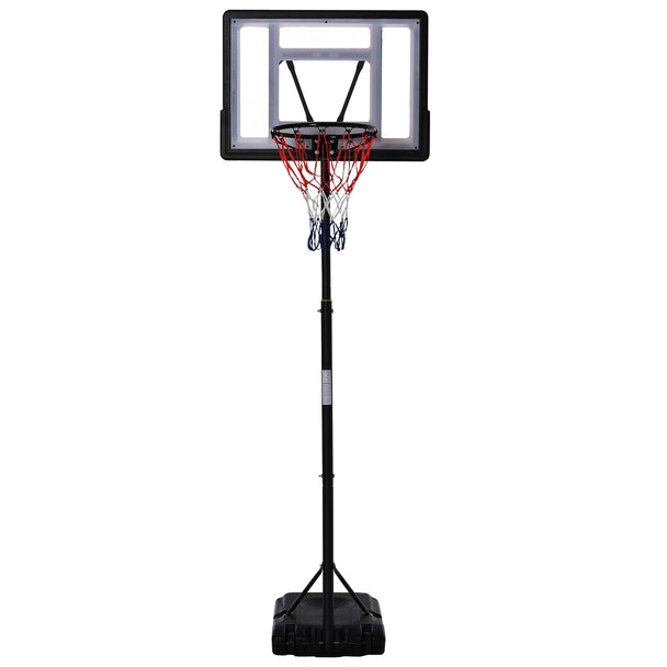 Black and white portable basketball hoop and stand with adjustable height, fillable base and wheels