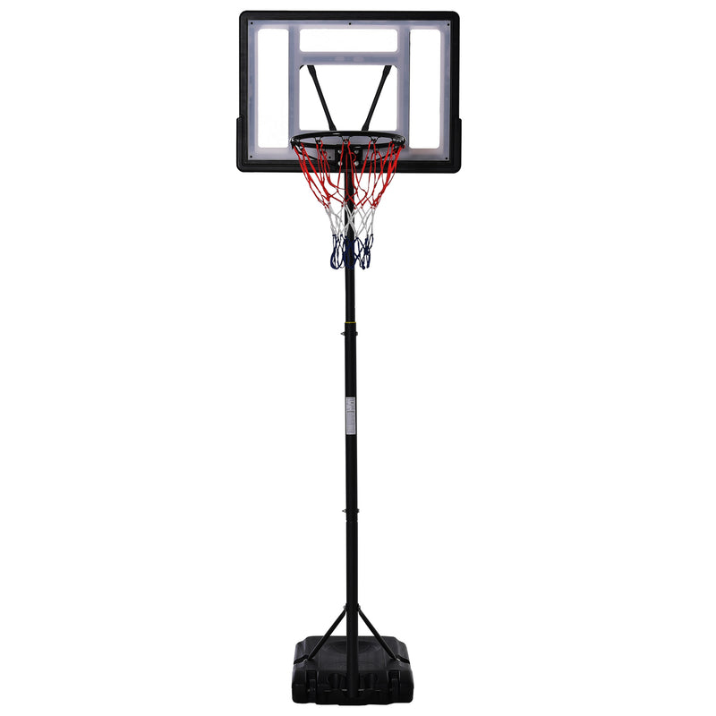 Black and white portable basketball hoop and stand with adjustable height, fillable base and wheels