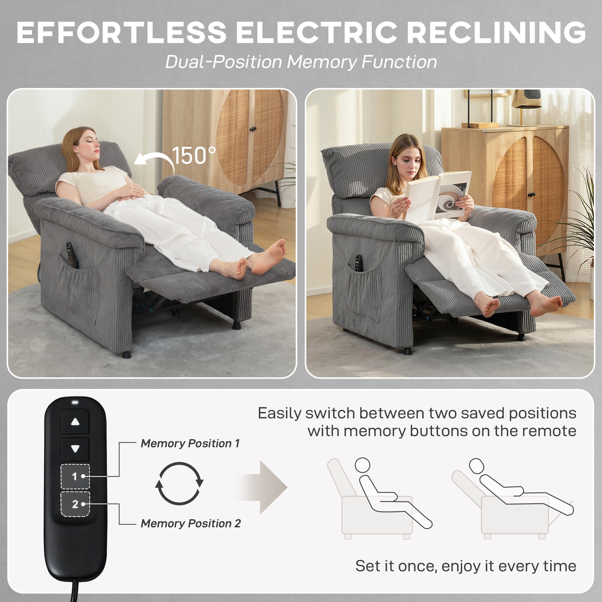 Corduroy Electric Massage Recliner - Grey