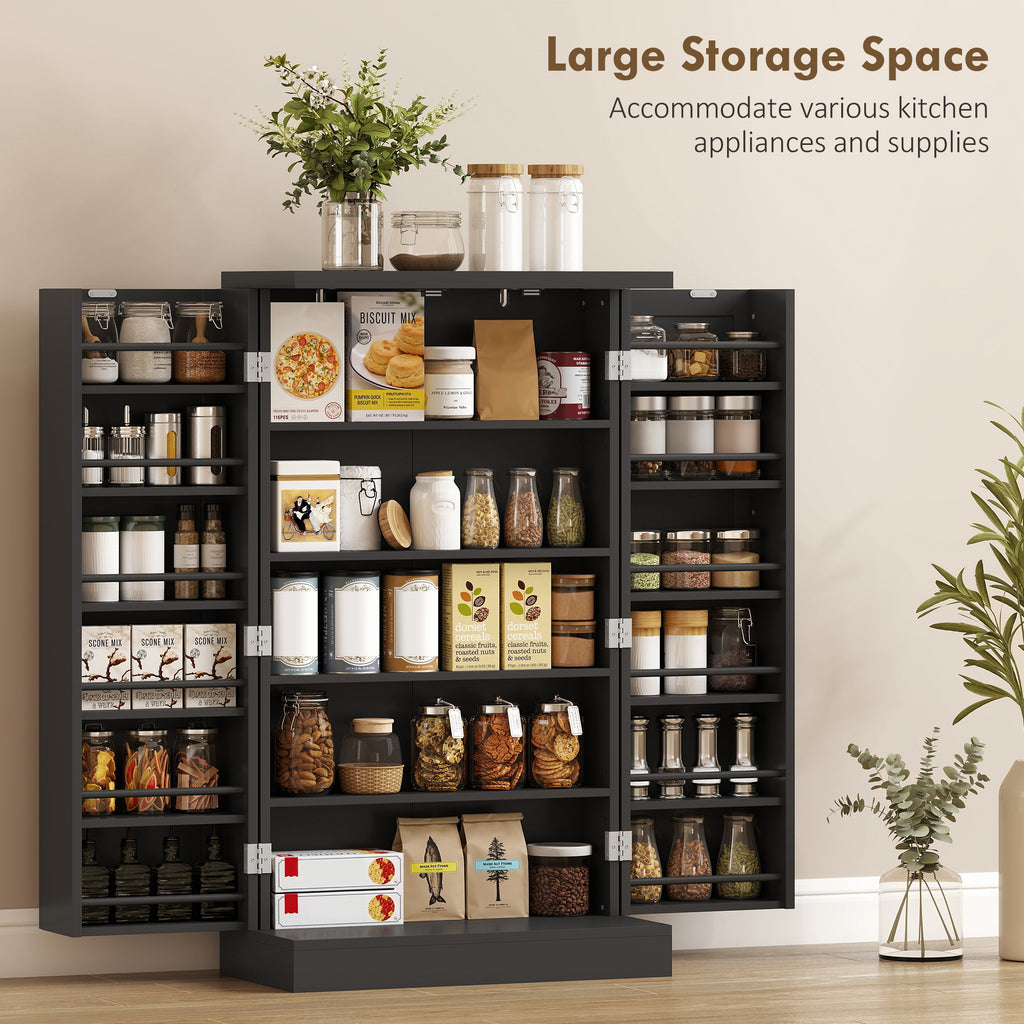HOMCOM Freestanding Kitchen Pantry Cupboard with Adjustable Shelves & Door Racks - Black