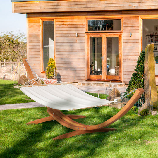 Outsunny Outdoor Garden Hammock with Wooden Stand Swing Hanging Bed for Patio White – view 2