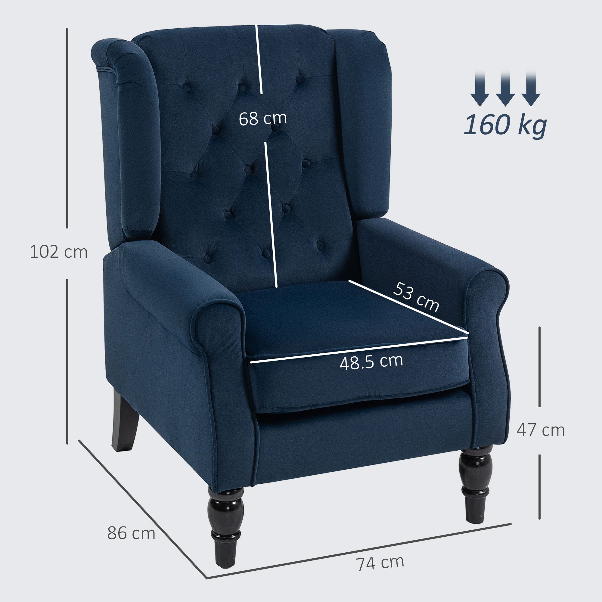 Wingback Accent Chair, Retro Upholstered Button Tufted Occasional Chair for Living Room and Bedroom, Dark Blue