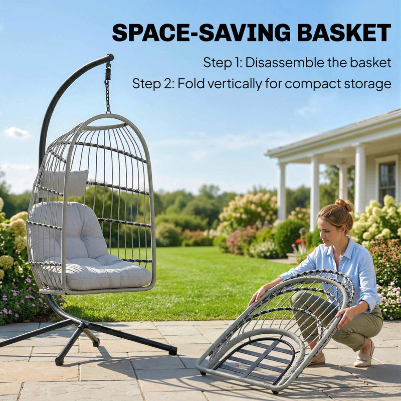 Outsunny Hanging Egg Chair, Indoor Outdoor Hammock Swing Chair with Stand, Safety Strap, Foldable Basket, Light Grey – view 5