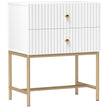 White bedside table with two ridged drawers, gold-tone handles and raised metal base