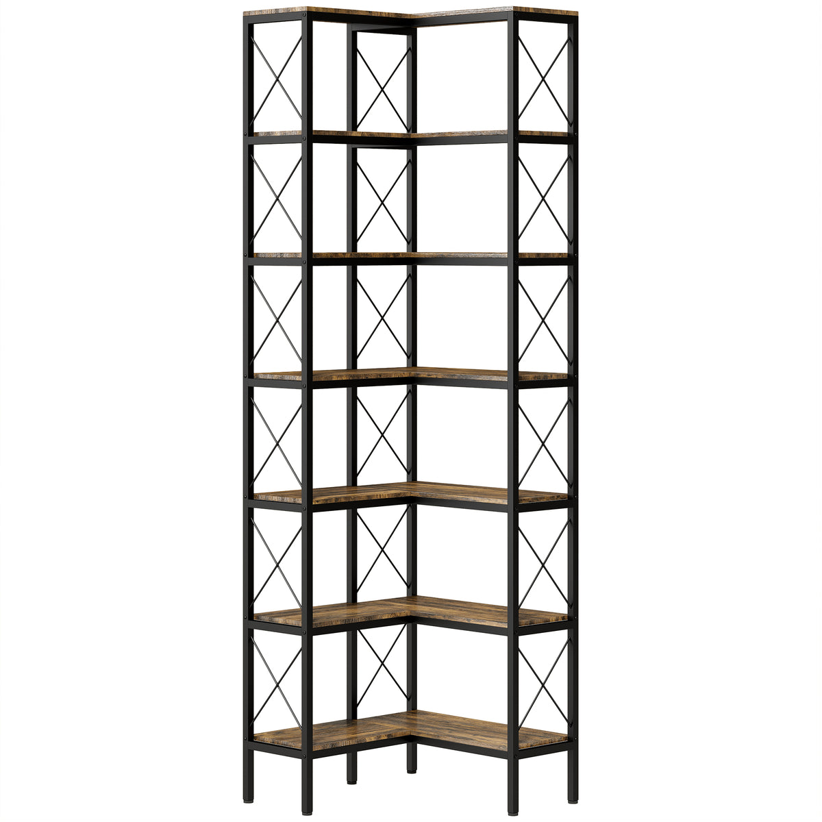 6-Tier L-Shaped Corner Bookcase with Metal Frame – Rustic Brown