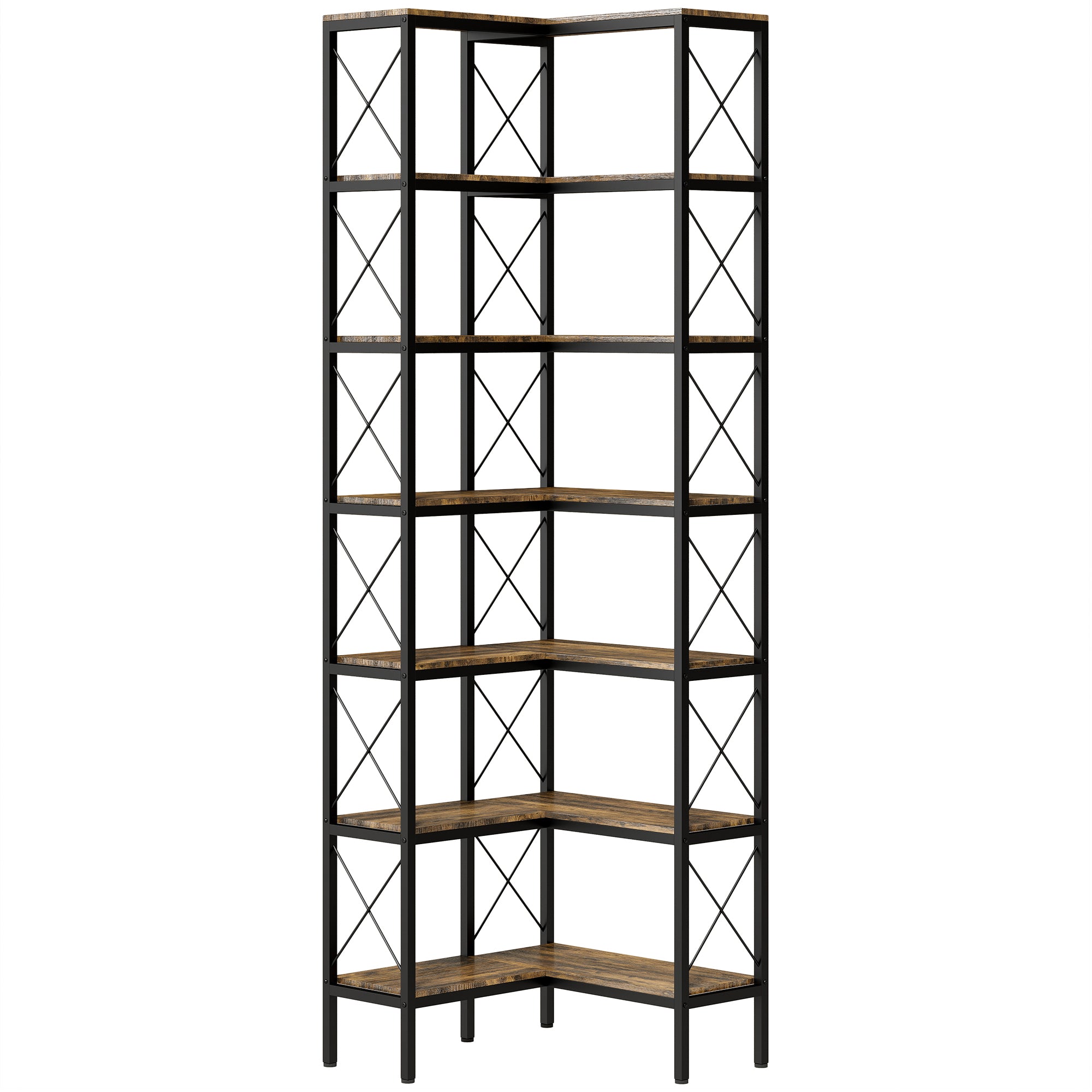 6-Tier L-Shaped Bookshelf, Freestanding Corner Bookcase with Metal Frame, Rustic Brown