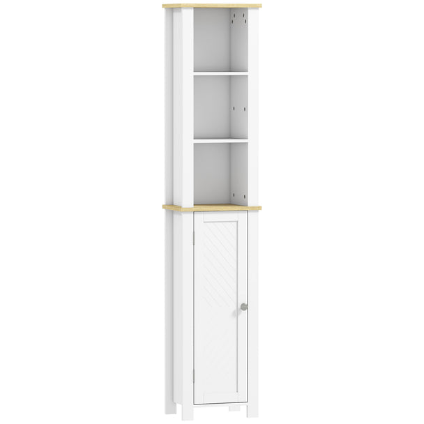 Slim white bathroom storage unit with open compartments, cupboard door and wood-effect top
