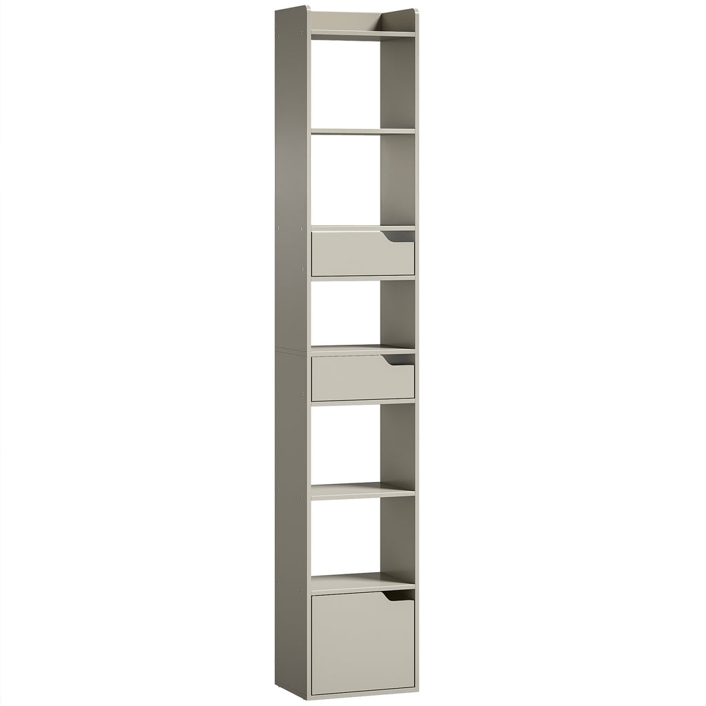 Bookcase Tall Narrow with 5 Tiers and Drawers Freestanding Bookshelf Storage Cabinet for Living Room Grey