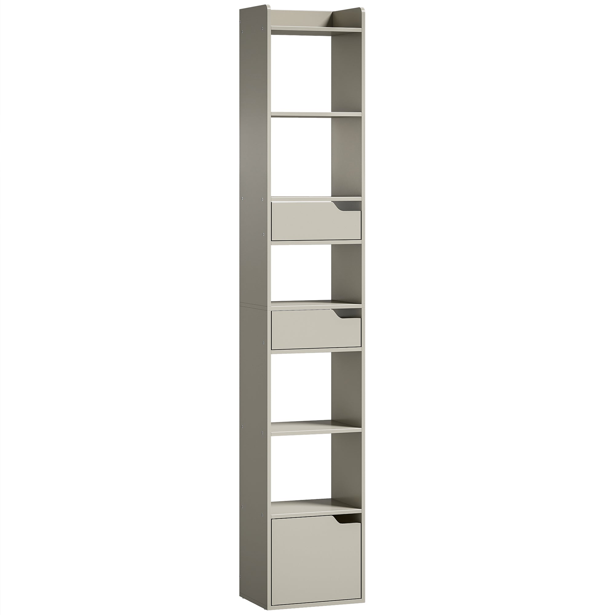 Bookcase Tall Narrow with 5 Tiers and Drawers Freestanding Bookshelf Storage Cabinet for Living Room Grey