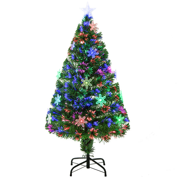 4ft green fibre optic Christmas tree glowing with multi-colour lights, LED snowflakes and a star on top