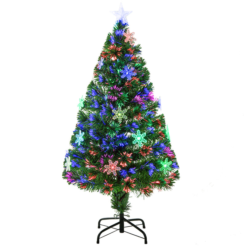 4ft green fibre optic Christmas tree glowing with multi-colour lights, LED snowflakes and a star on top