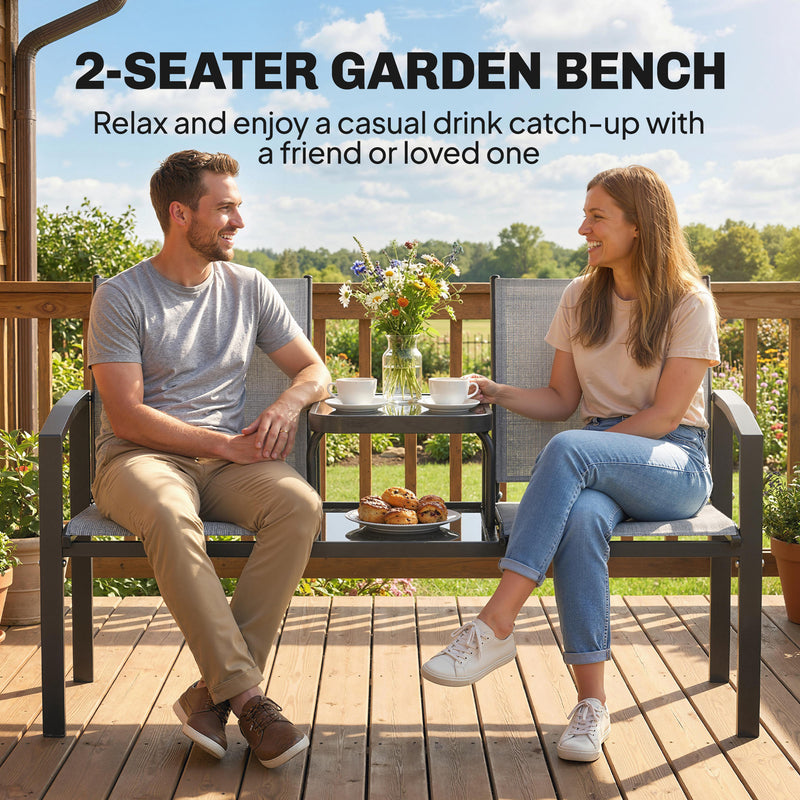 Outsunny Garden Love Seat, 2 Seater Jack and Jill Loveseat Companion Seat with 2-Tier Glass Table, Breathable – view 4