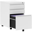 White three-drawer lockable steel filing cabinet on castor wheels