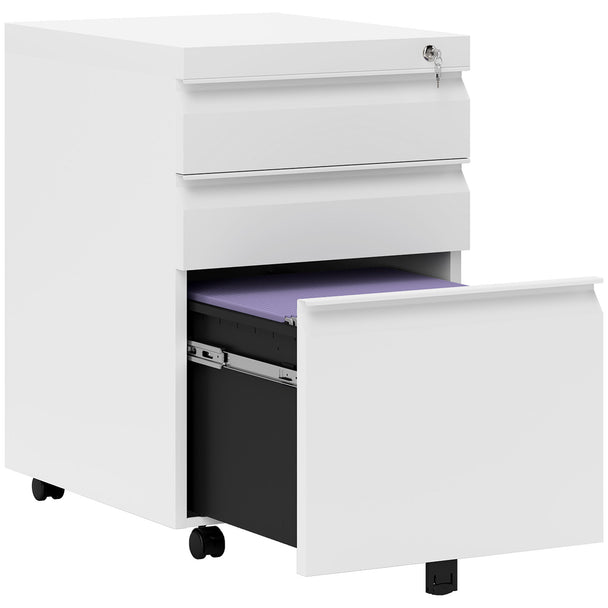 White three-drawer lockable steel filing cabinet on castor wheels