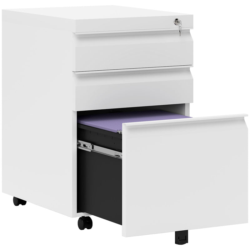 White three-drawer lockable steel filing cabinet on castor wheels
