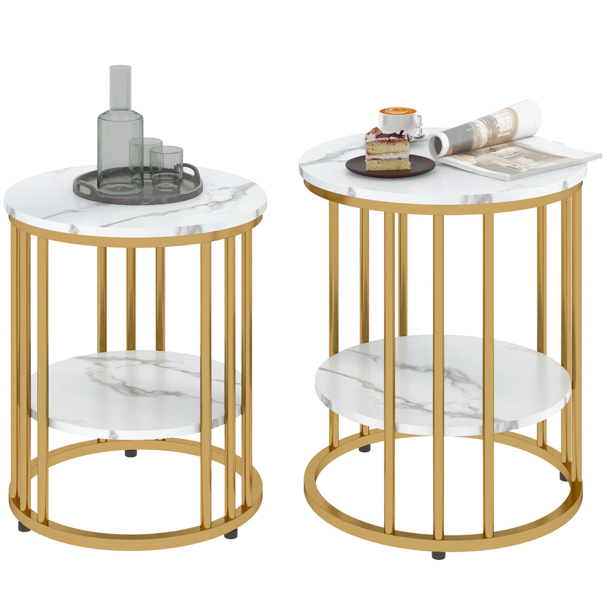 Set of 2 2-Tier Marble-Effect Side Tables – White & Gold