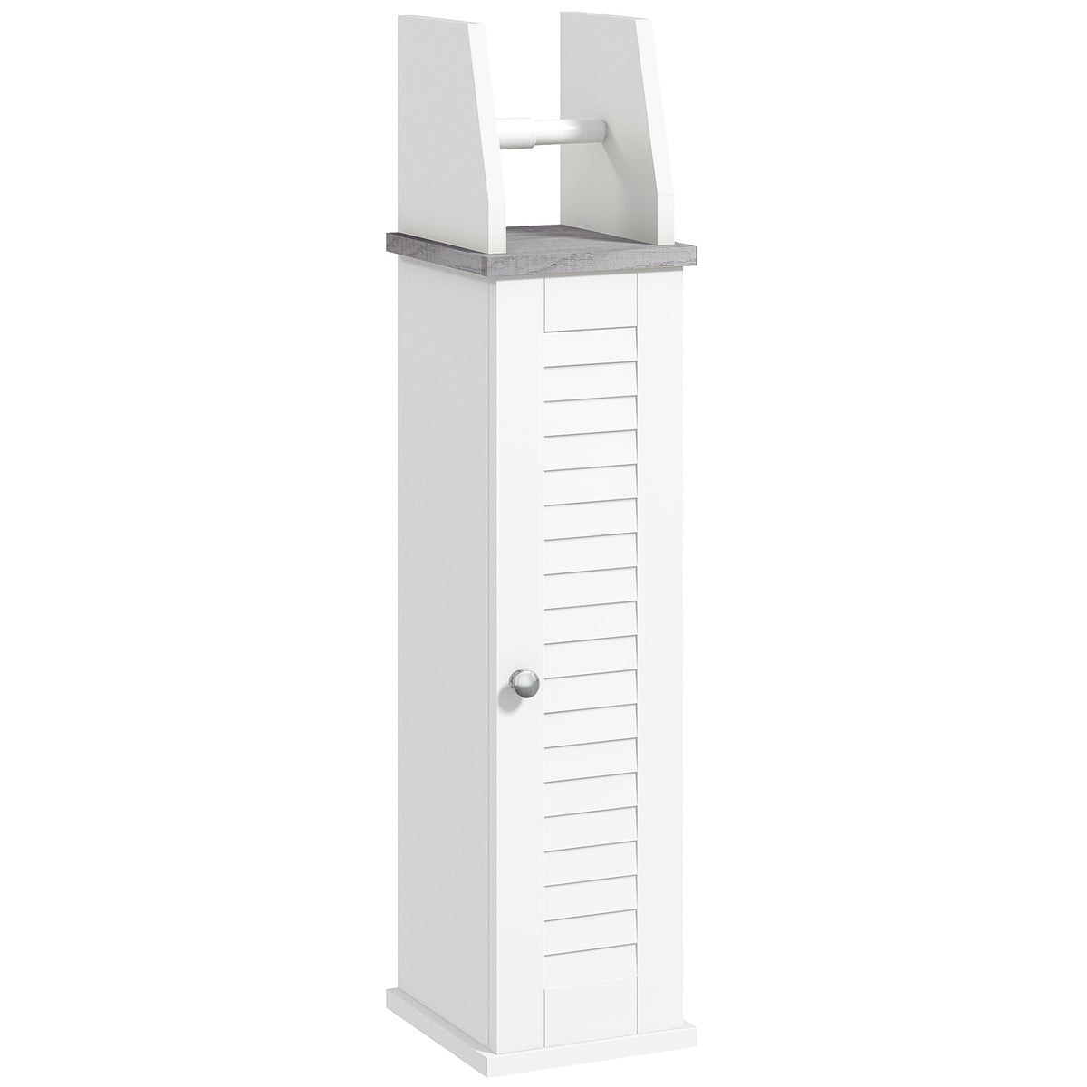 White slim toilet roll holder cabinet with open rail and louvred cupboard