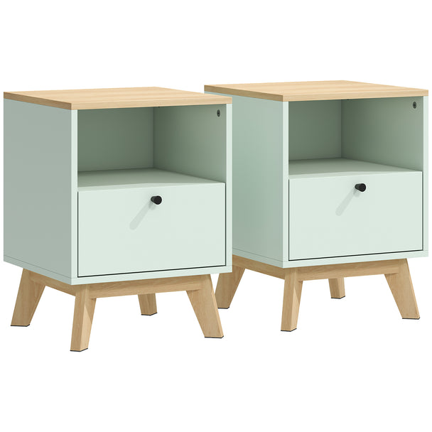 HOMCOM Modern Nightstand Set of 2, Bedside Table with Drawer and Open Shelf, Side End Table for Bedroom, Light Green