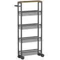 HOMCOM Slim Storage Trolley, 5-Tier Kitchen Cart on Wheels with Wood-effect Top, Handle for Living Room, Bathroom, Black
