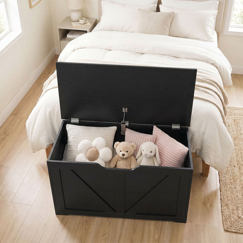 HOMCOM 100L Home Storage Box, with Safety Hinge - Black Wood-Effect – view 9