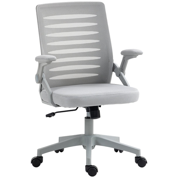 Grey mesh back work chair with curved backrest, flip-up armrests and five-wheel base