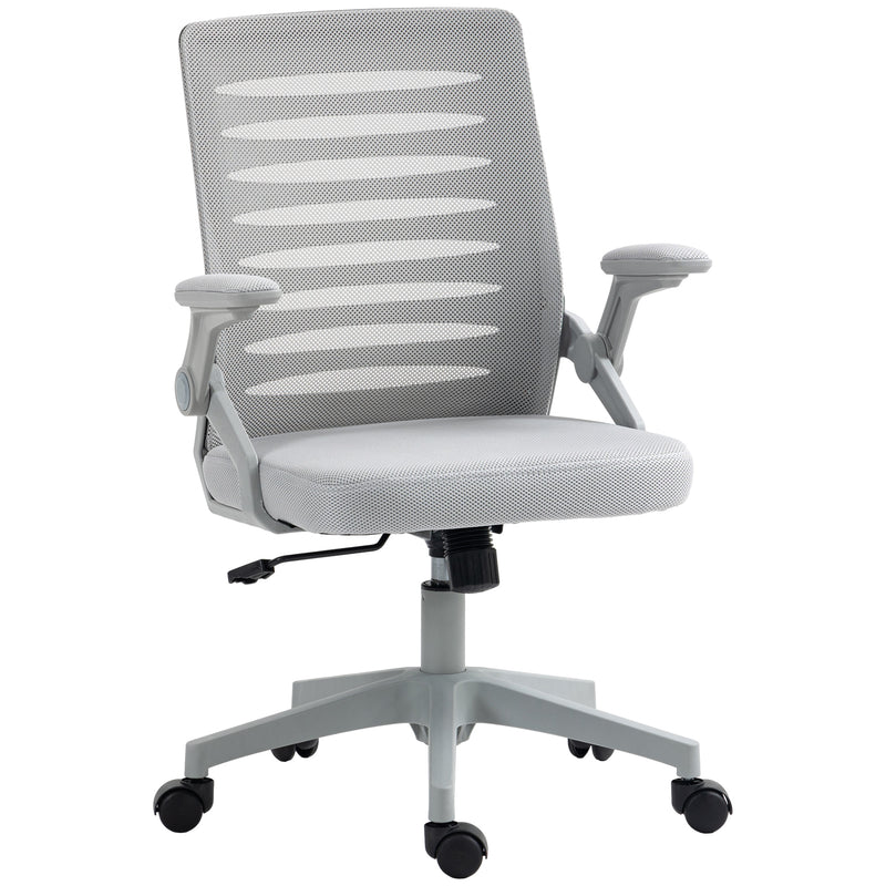 Grey mesh back work chair with curved backrest, flip-up armrests and five-wheel base