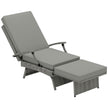 Folding rattan recliner lounger with matching footstool, side tray and light grey cushions