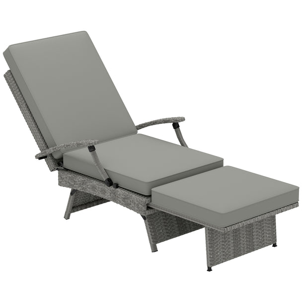 Folding rattan recliner lounger with matching footstool, side tray and light grey cushions