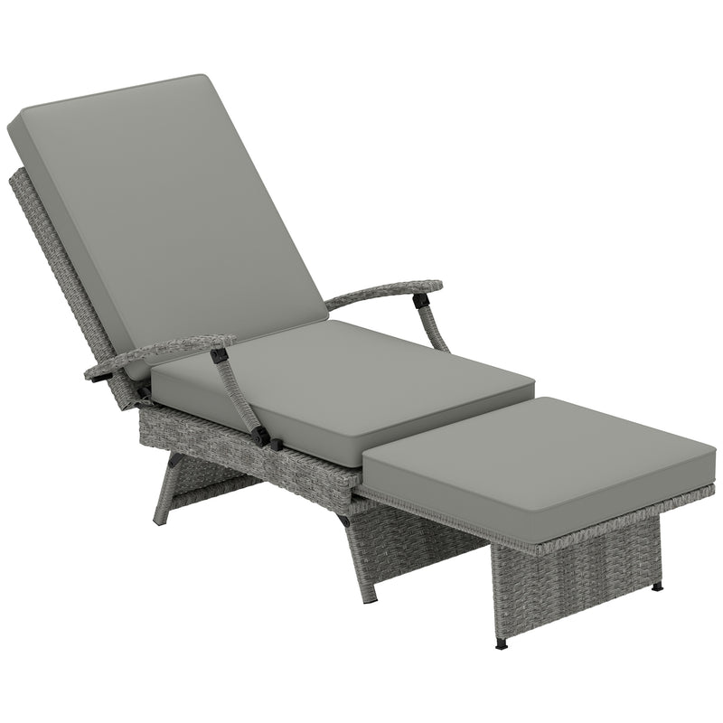 Folding rattan recliner lounger with matching footstool, side tray and light grey cushions