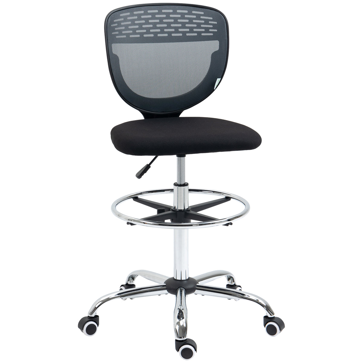Tall armless draughtsman chair with grey mesh back, black padded seat and chrome foot ring on five wheels