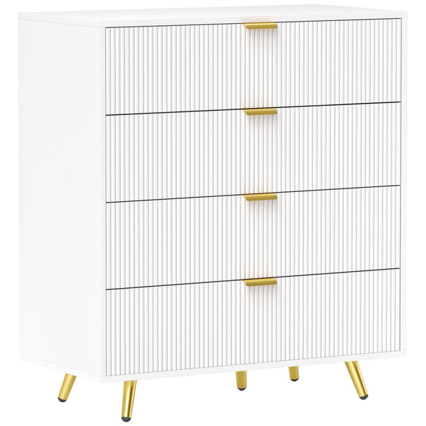 White chest of four drawers with ribbed fronts, gold-tone handles and metal legs