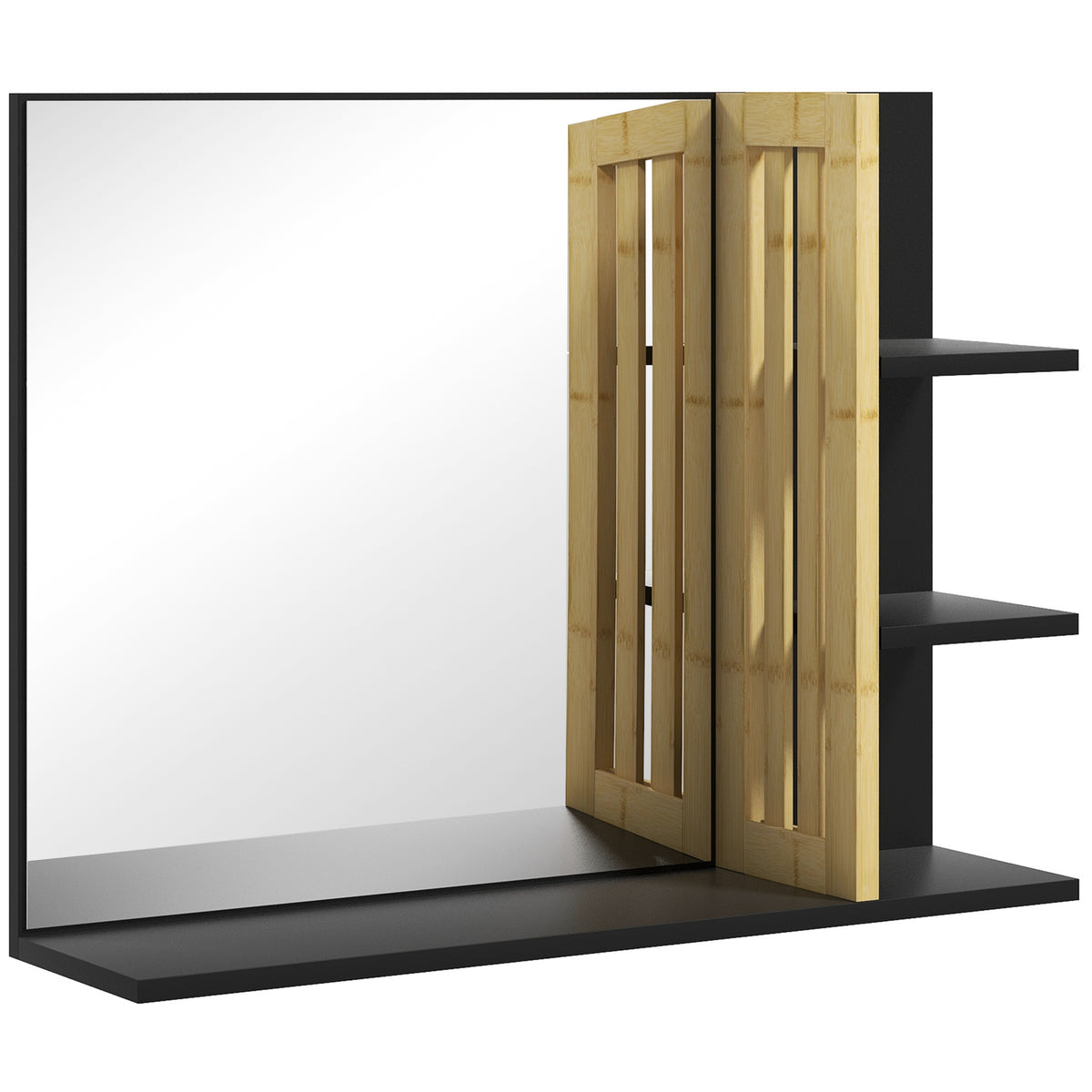 Black bathroom wall mirror with bamboo panel, three side shelves and bottom shelf
