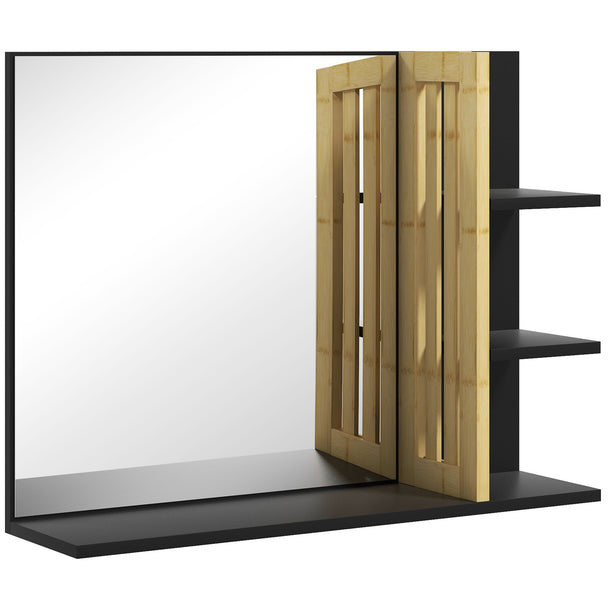 Black bathroom wall mirror with bamboo panel, three side shelves and bottom shelf