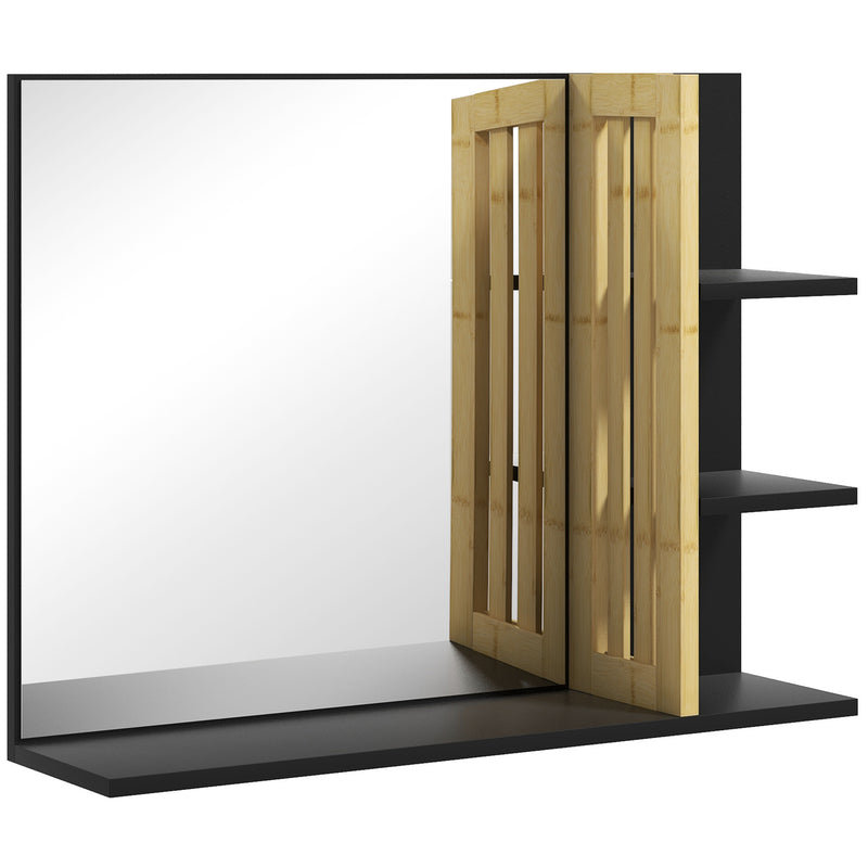 Black bathroom wall mirror with bamboo panel, three side shelves and bottom shelf