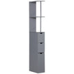 Grey slim tall bathroom cabinet with open shelves, small cupboard and two drawers