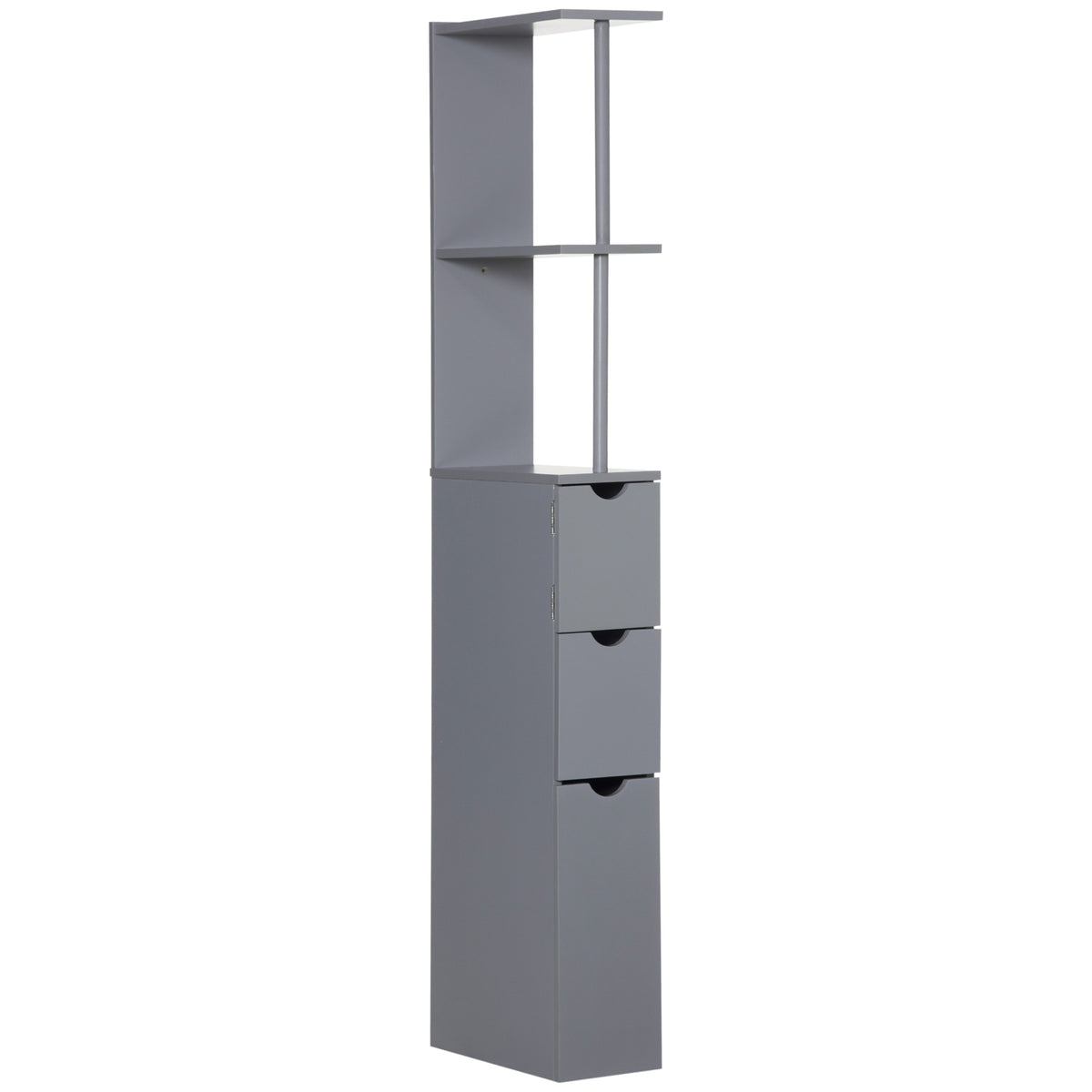 Grey slim tall bathroom cabinet with open shelves, small cupboard and two drawers