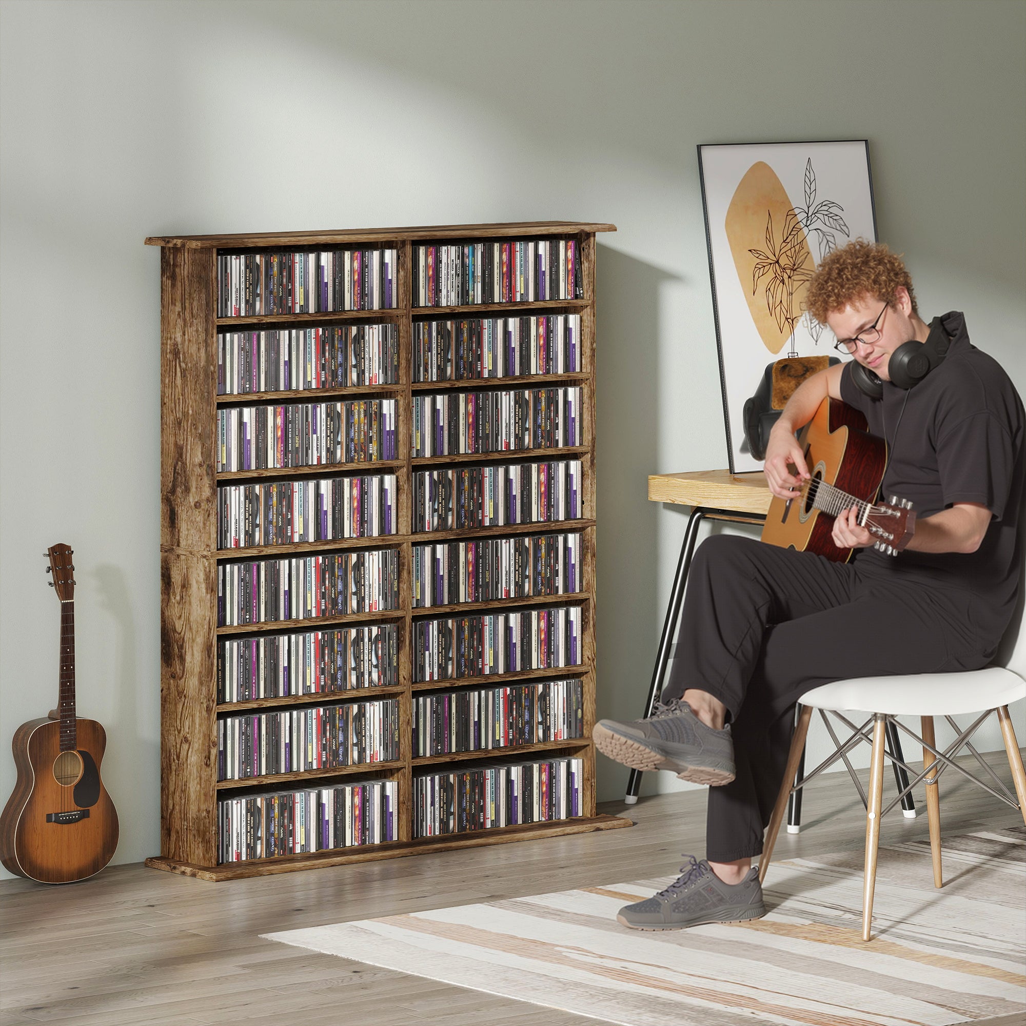16-Compartment Media Shelf - Rustic Brown